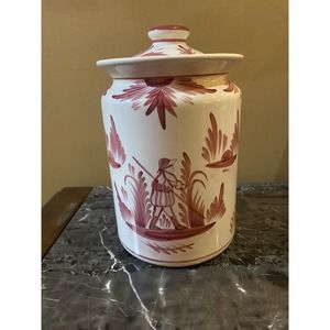Cooley Collection MIA Red White Hand painted Man In Boat Ceramic Canister W/ Lid